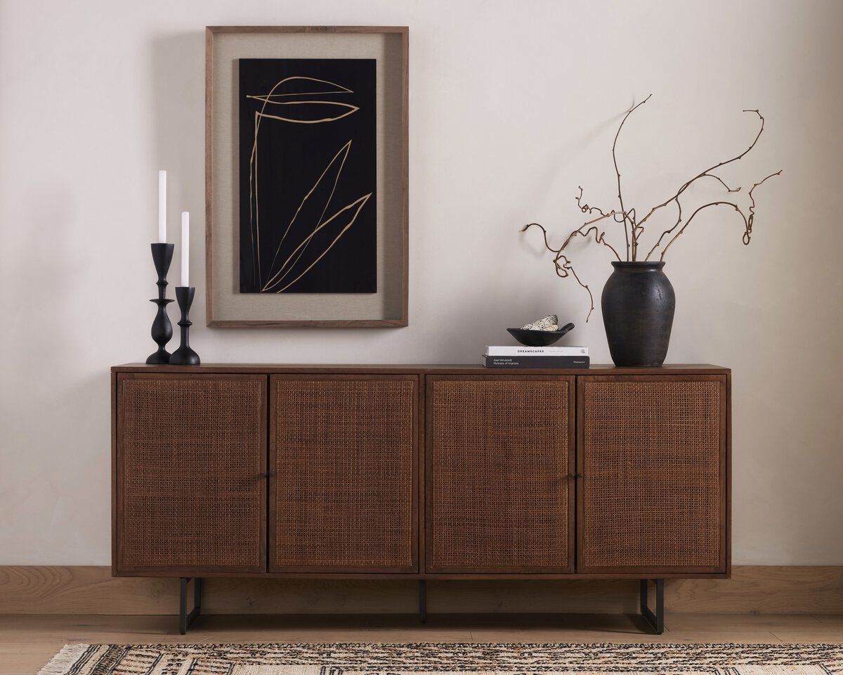 Woven Cane Mango Wood Sideboard - Styled View