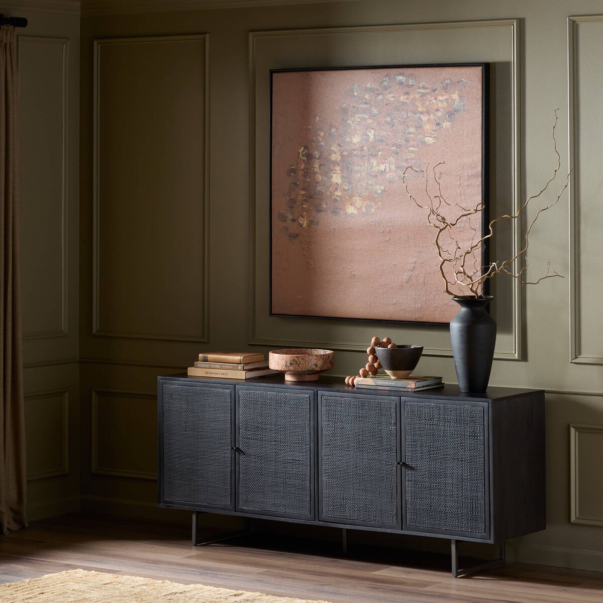 Woven Cane Mango Wood Sideboard - Styled View
