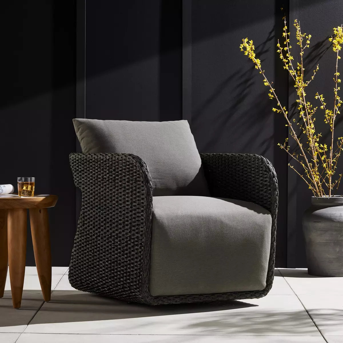 Charcoal Wicker Outdoor Swivel Chair - Styled View