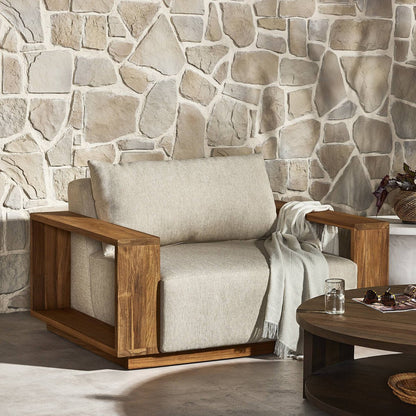 Wide Teak Frame Outdoor Lounge Chair - Styled View