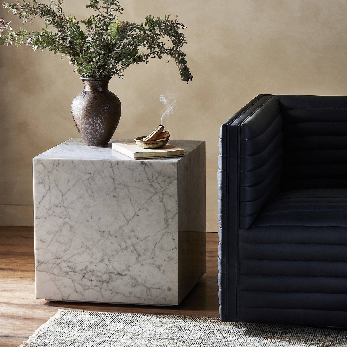 Carrara Marble Block End Table - Styled View