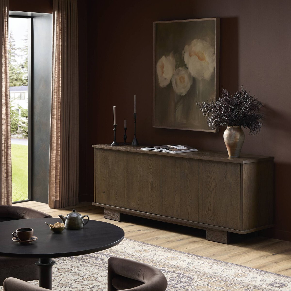 Minimal Oak Plinth Base Sideboard - Styled View