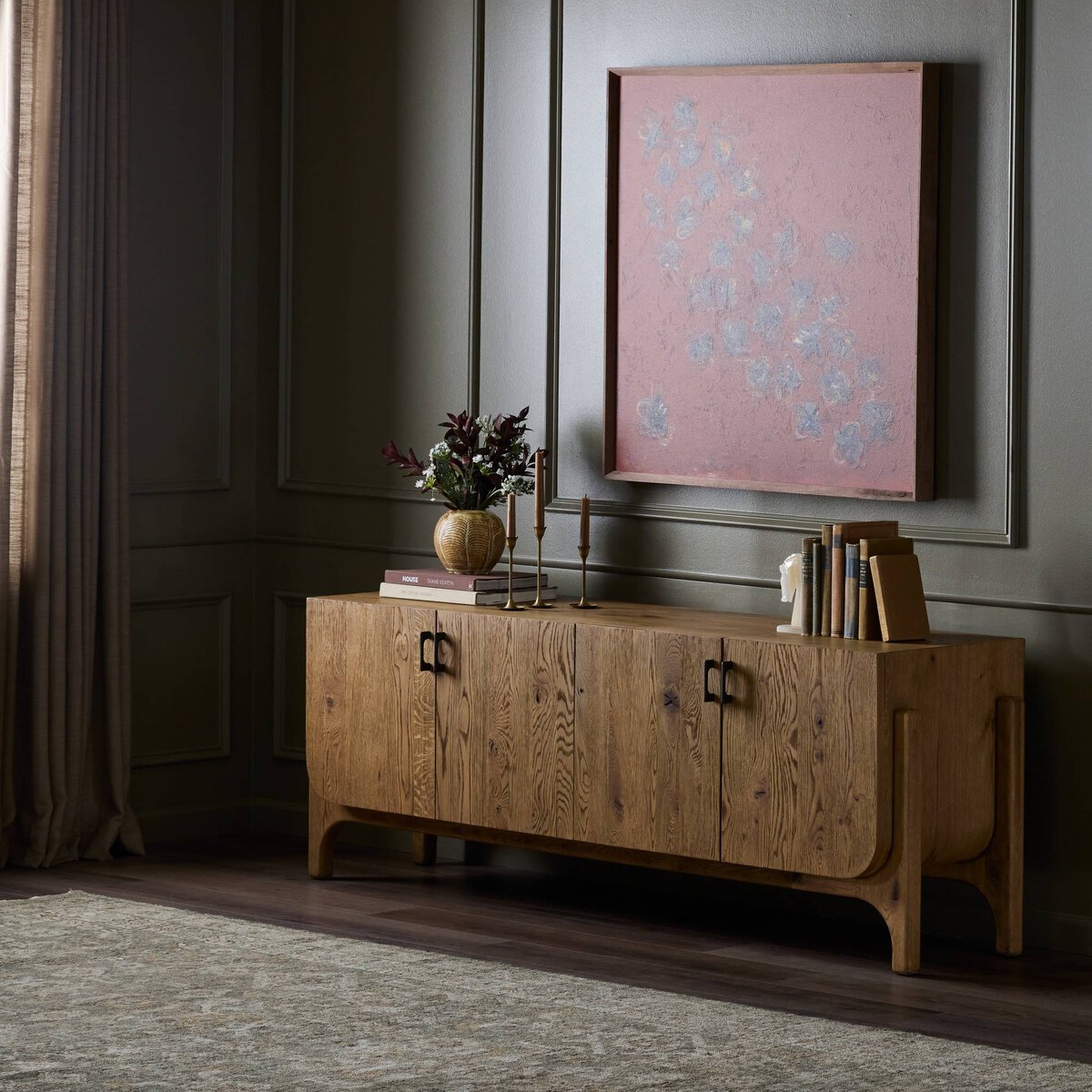 Curved Base Oak Media Console - Styled View