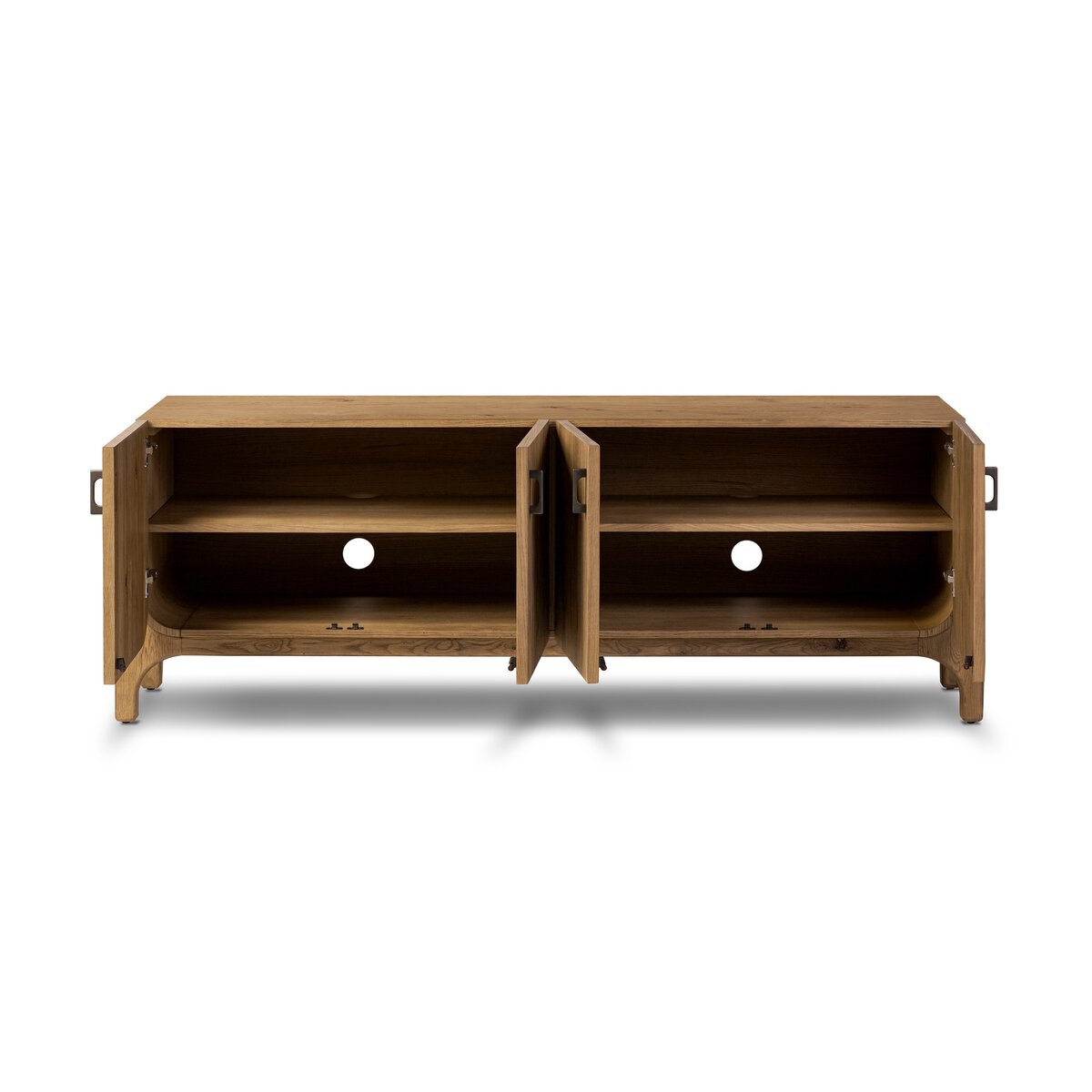 Curved Base Oak Media Console - Open Storage View
