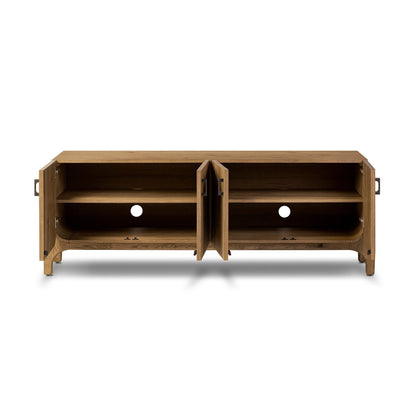 Curved Base Oak Media Console - Open Storage View