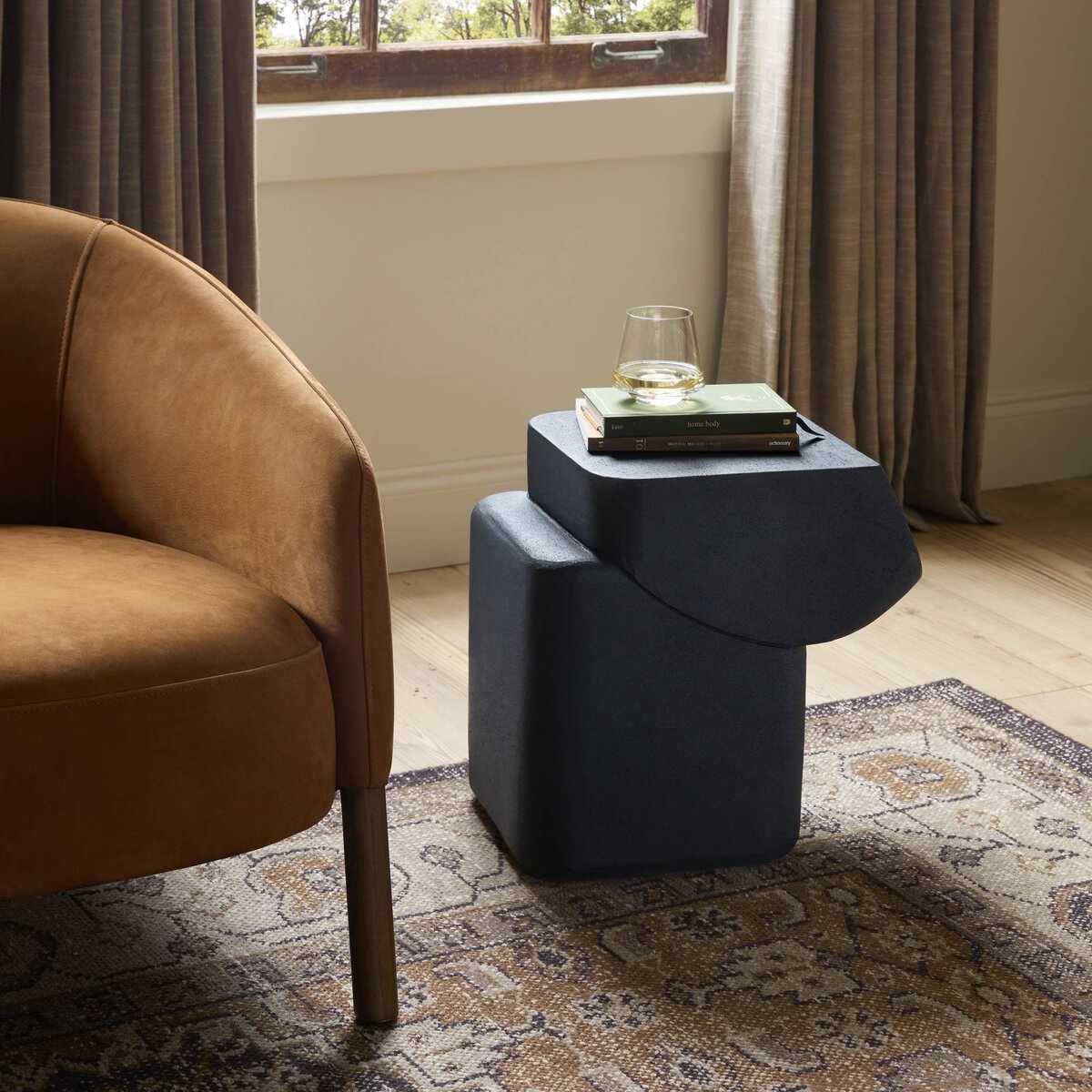 Black Lava Stone Sculptural Side Table - Styled View