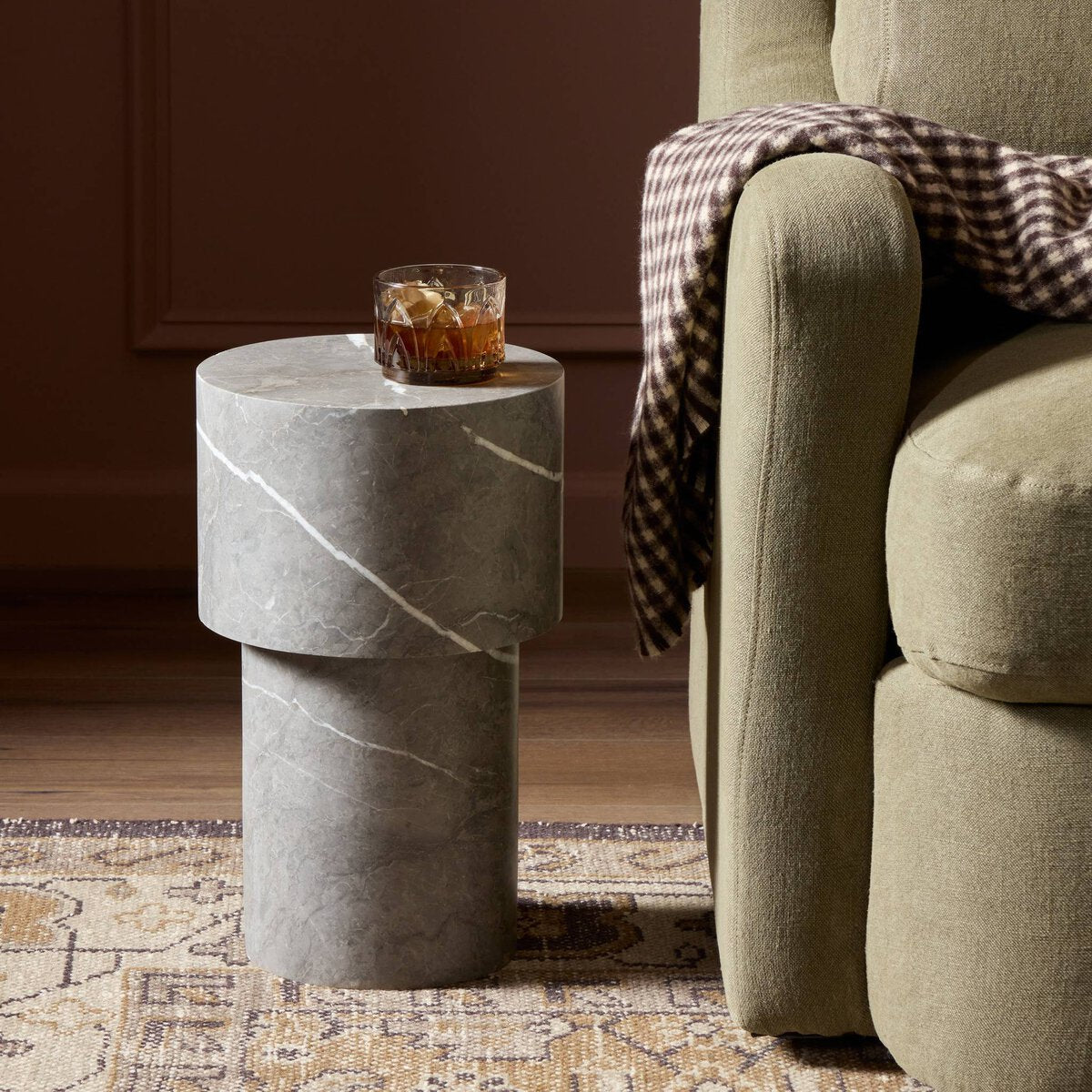 Slim Solid Marble Pedestal Table - Styled View