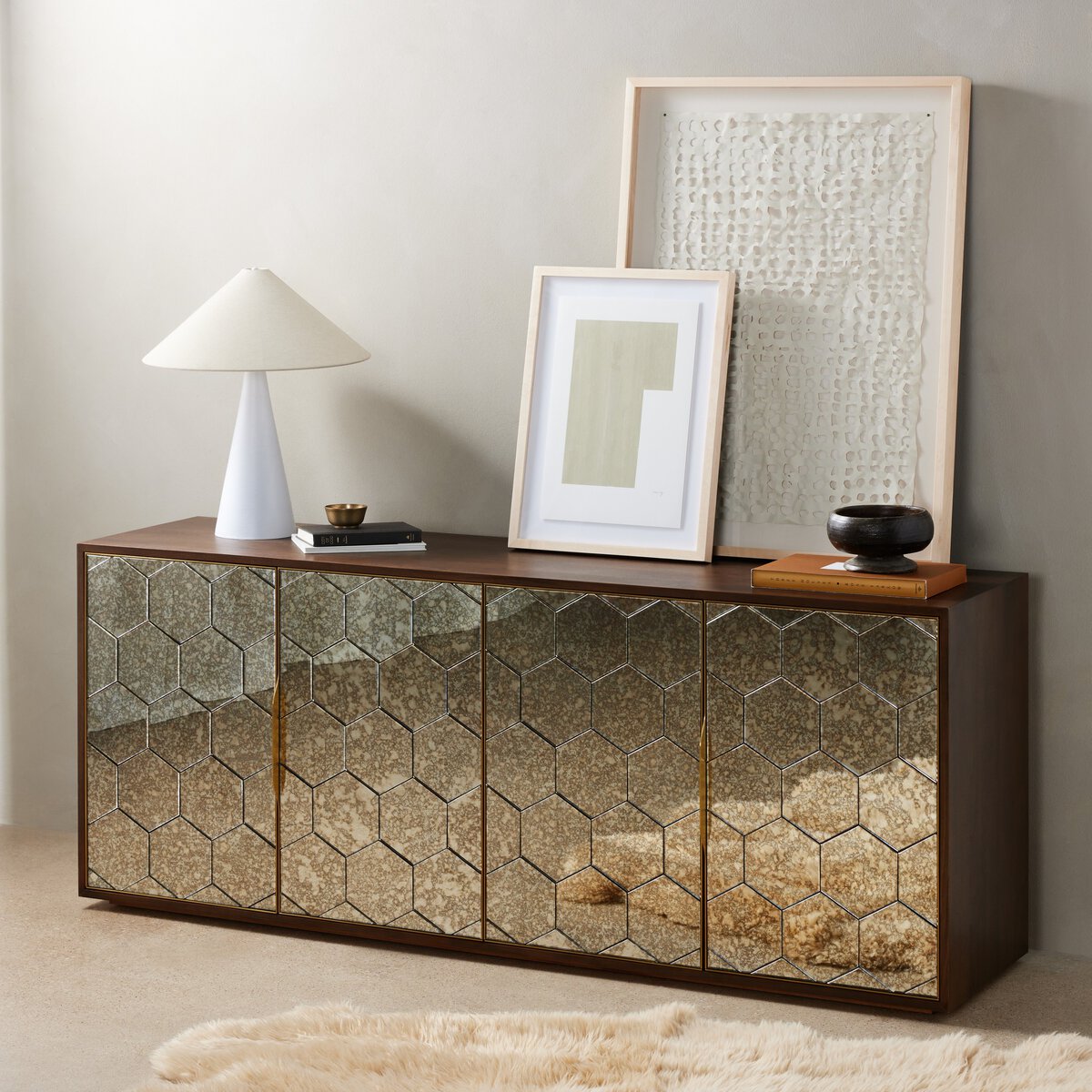Honeycomb Mirror Door Walnut Sideboard - Styled View