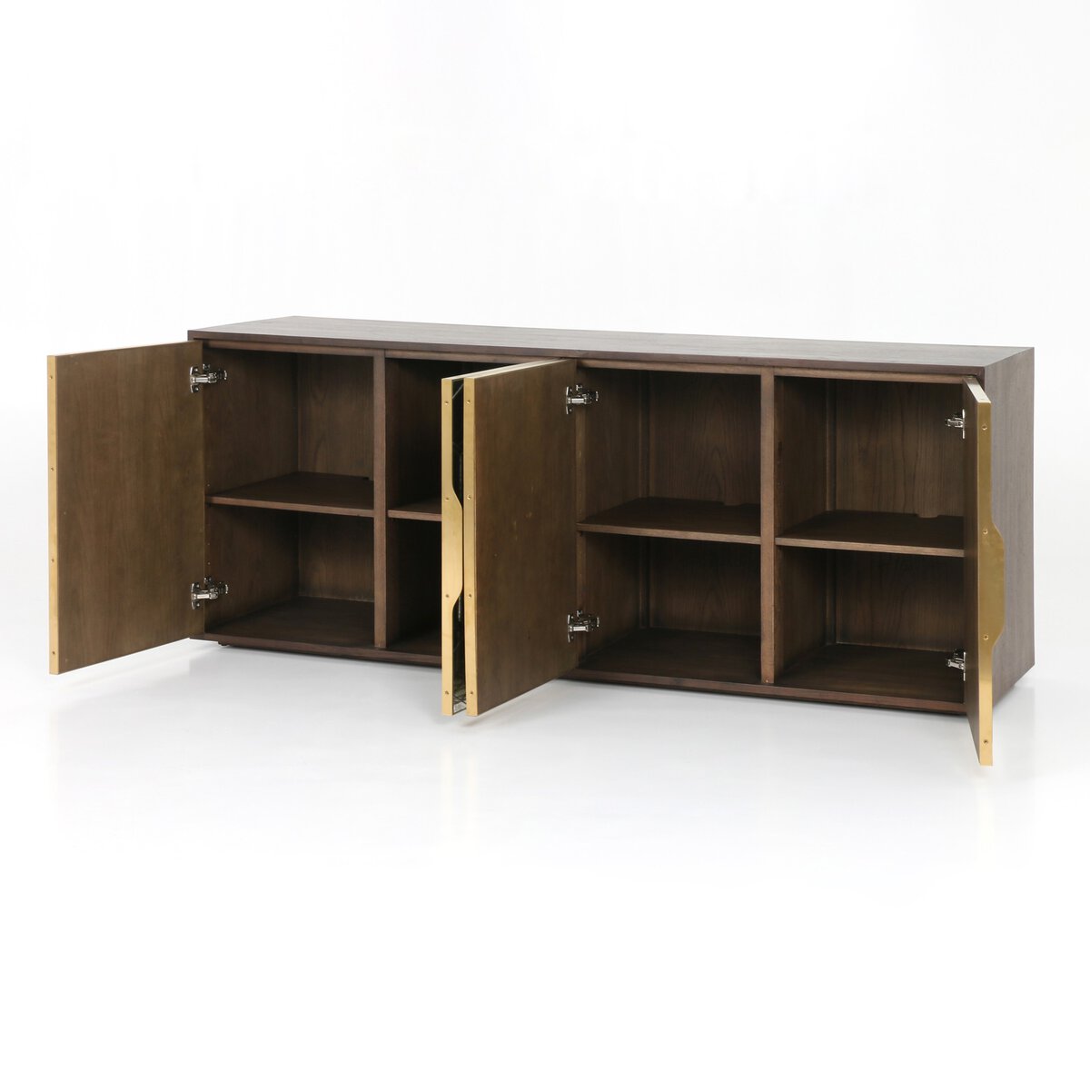 Honeycomb Mirror Door Walnut Sideboard - Open Storage View