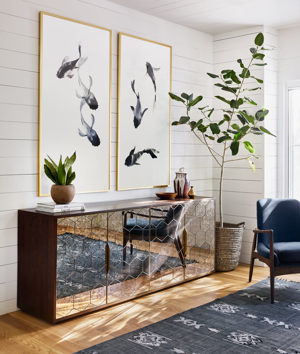 Honeycomb Mirror Door Walnut Sideboard - Room View