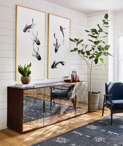 Honeycomb Mirror Door Walnut Sideboard - Room View