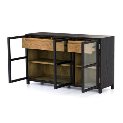 Glass Door Display Sideboard with Drawers - Open Storage View