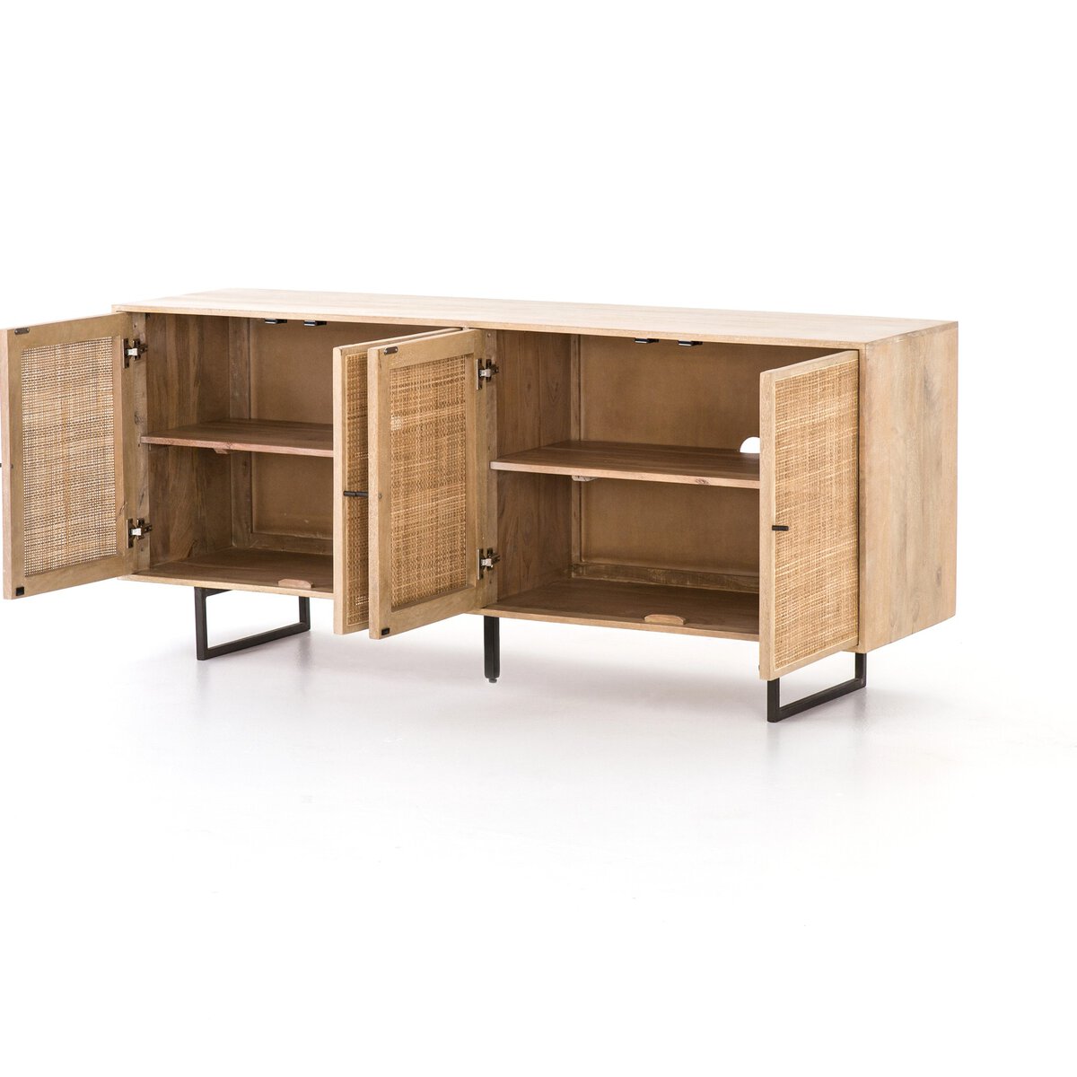 Woven Cane Mango Wood Sideboard - Open Storage View